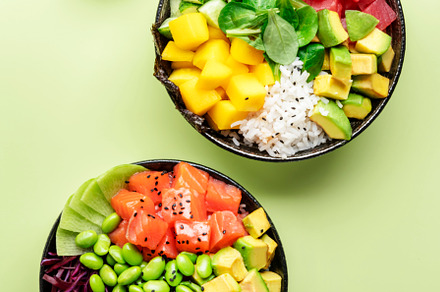 Poke bowl with raw tuna, avocado, mango, cucumber, lettuce and w, a Food & Drink Photo by 5PH