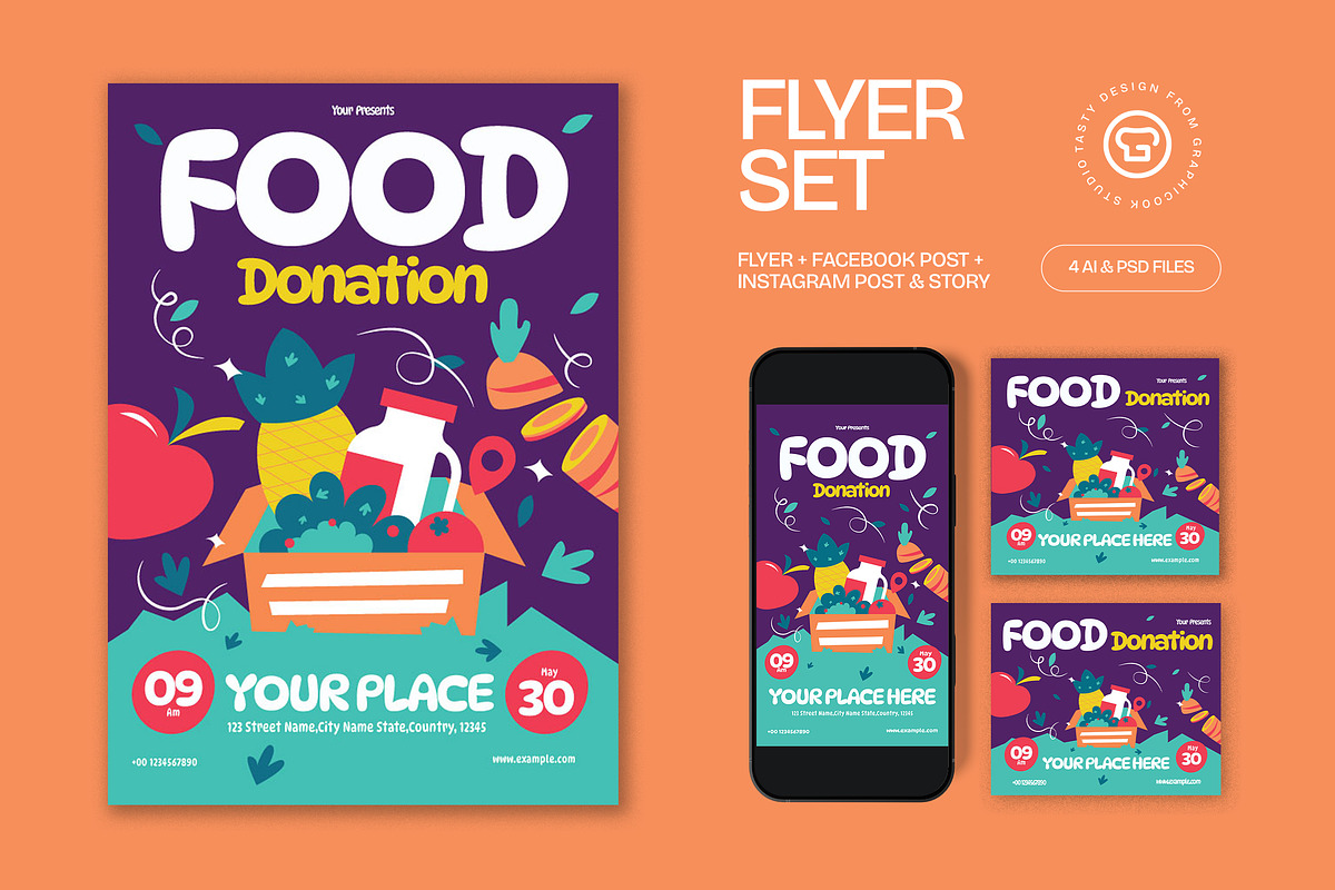 Purple Food Donation Flyer Set, a Flyer Template by graphicook (Photo 2 of 6)