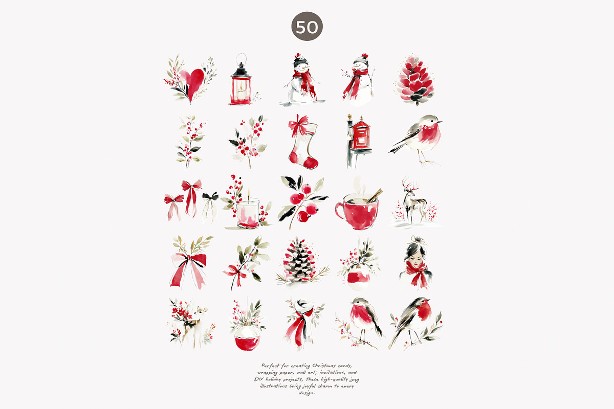 Festive red Christmas watercolor set, a Decorative Illustration by Patishop Art (Photo 9 of 9)