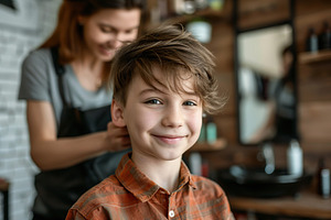 Hairdresser making hairstyle for young boy in beauty hair salon, a Photo by AlyaAnd