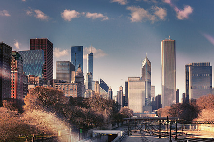 Chicago skyline in sunny spring day tinted