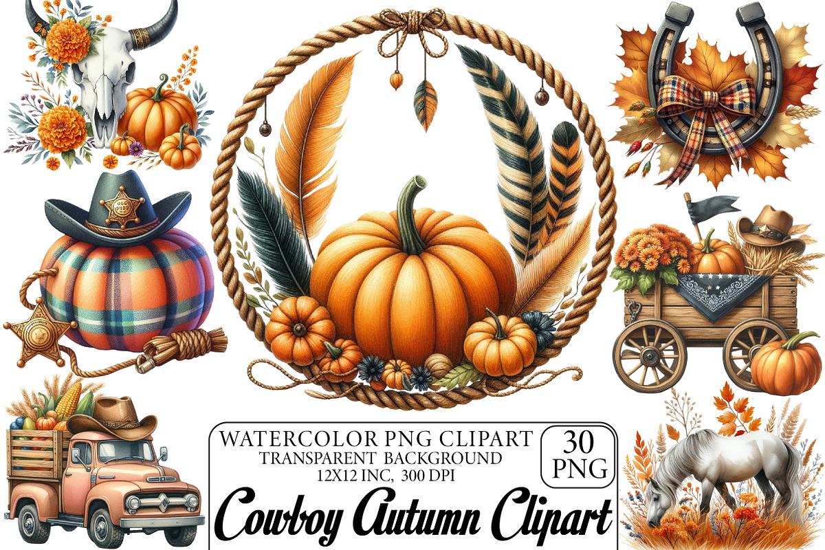 Watercolor Cowboy Autumn Clipart, an Illustration by DreamPrint404 (Photo 1 of 5)