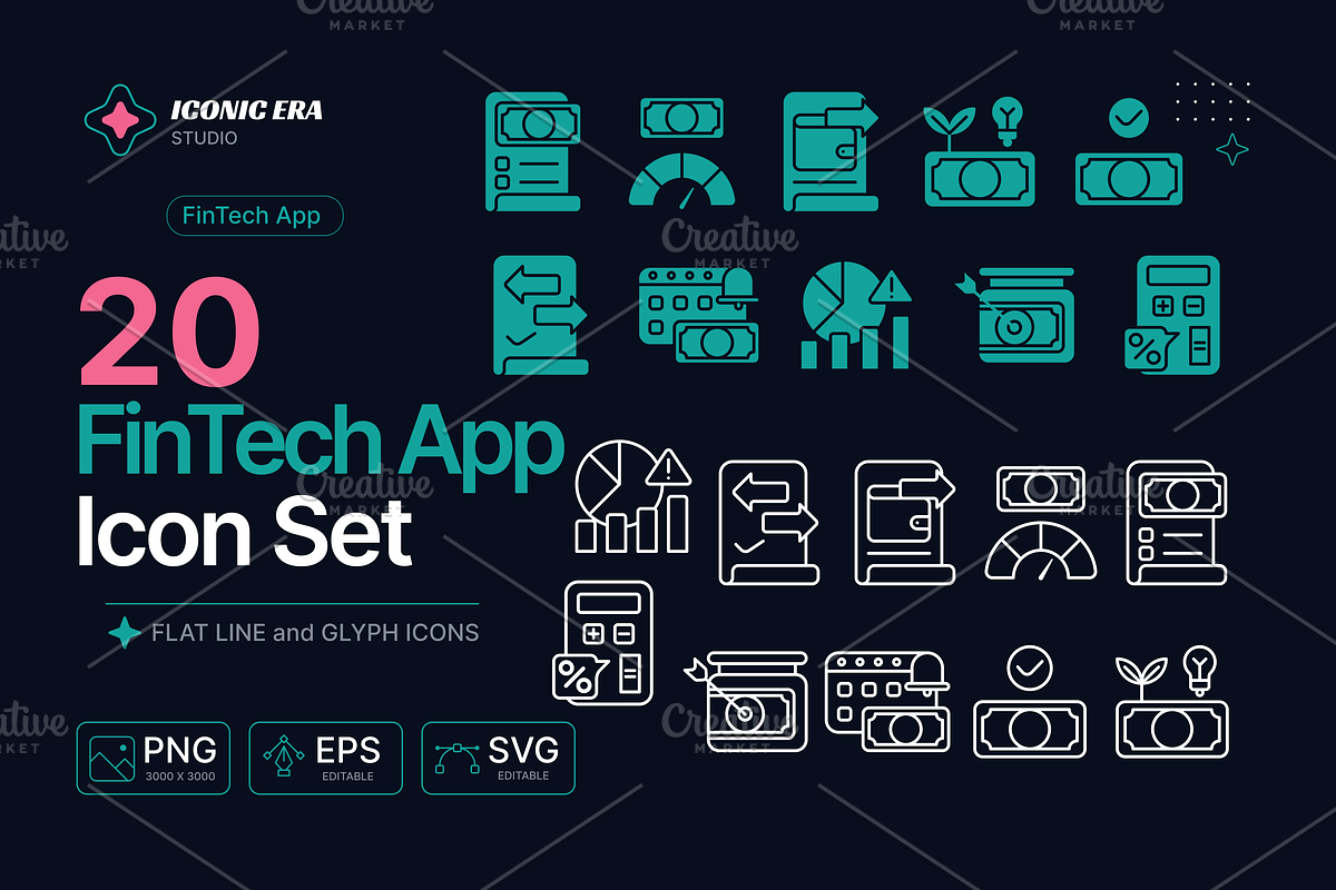 FinTech App Icon Set (20 Icons), an Outline Icon by Iconic Era (Photo 1 of 3)