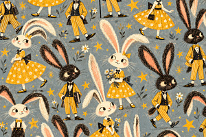 Whimsical pattern of black and white rabbits in yellow vintage c