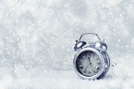 Snowy background with alarm clock containing christmas, xmas, and holiday, a Holiday Photo by sunapple