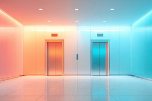 Modern elevator lobby with colorful gradient walls, a Wallpaper Photo by AlyaAnd