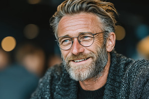 Smiling mature man with glasses in a cozy interior setting, a Person Photo by AS photostudio