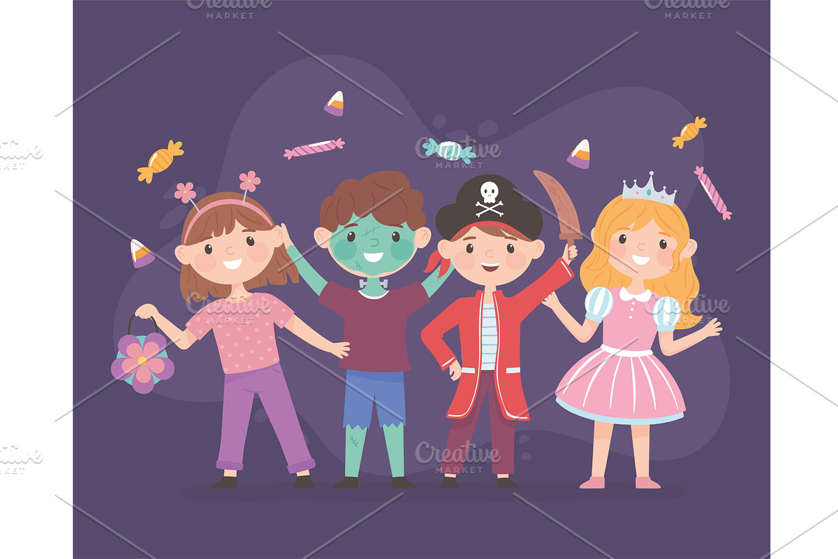 happy kids with costumes, an Illustration by studiogstock