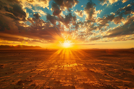 A vibrant sunset casts golden rays a, a Photo by Tanuart