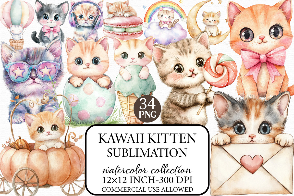 Kawaii Kitten Sublimation Clipart, an Illustration by Libby Wishes (Photo 1 of 6)
