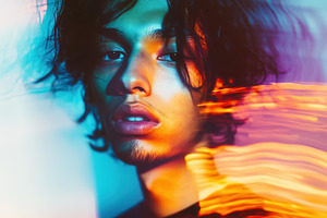 A portrait of a young man with curly hair, captured in vibrant colors and motio, a Person Photo by Textures & Backgrounds