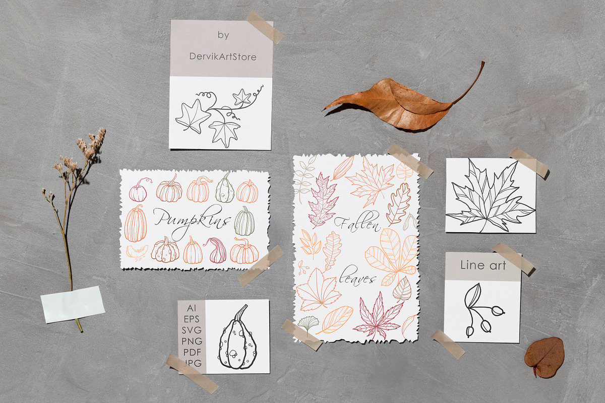 Fall vibes Line art leaves & pumpkin, an Illustration by Dervik Art Store (Photo 2 of 7)