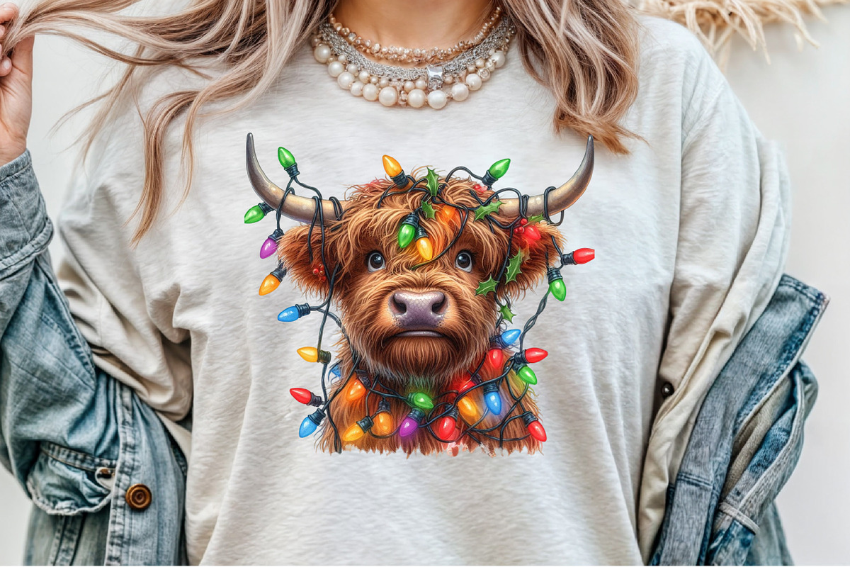 Christmas Lights Highland Cow PNG, an Illustration by Sublimation Artist (Photo 4 of 9)