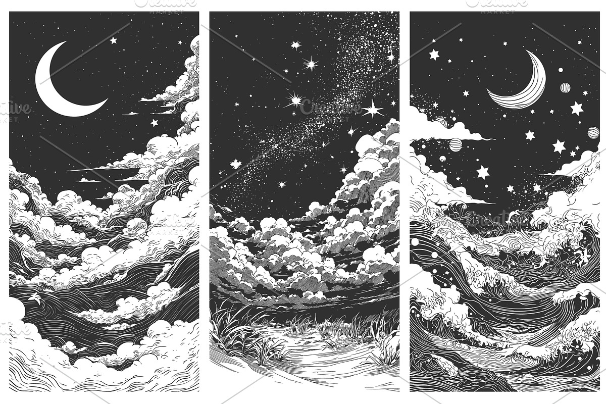 engraving night set. cloudy sky, a Texture Illustration by Stock-Smart-Start