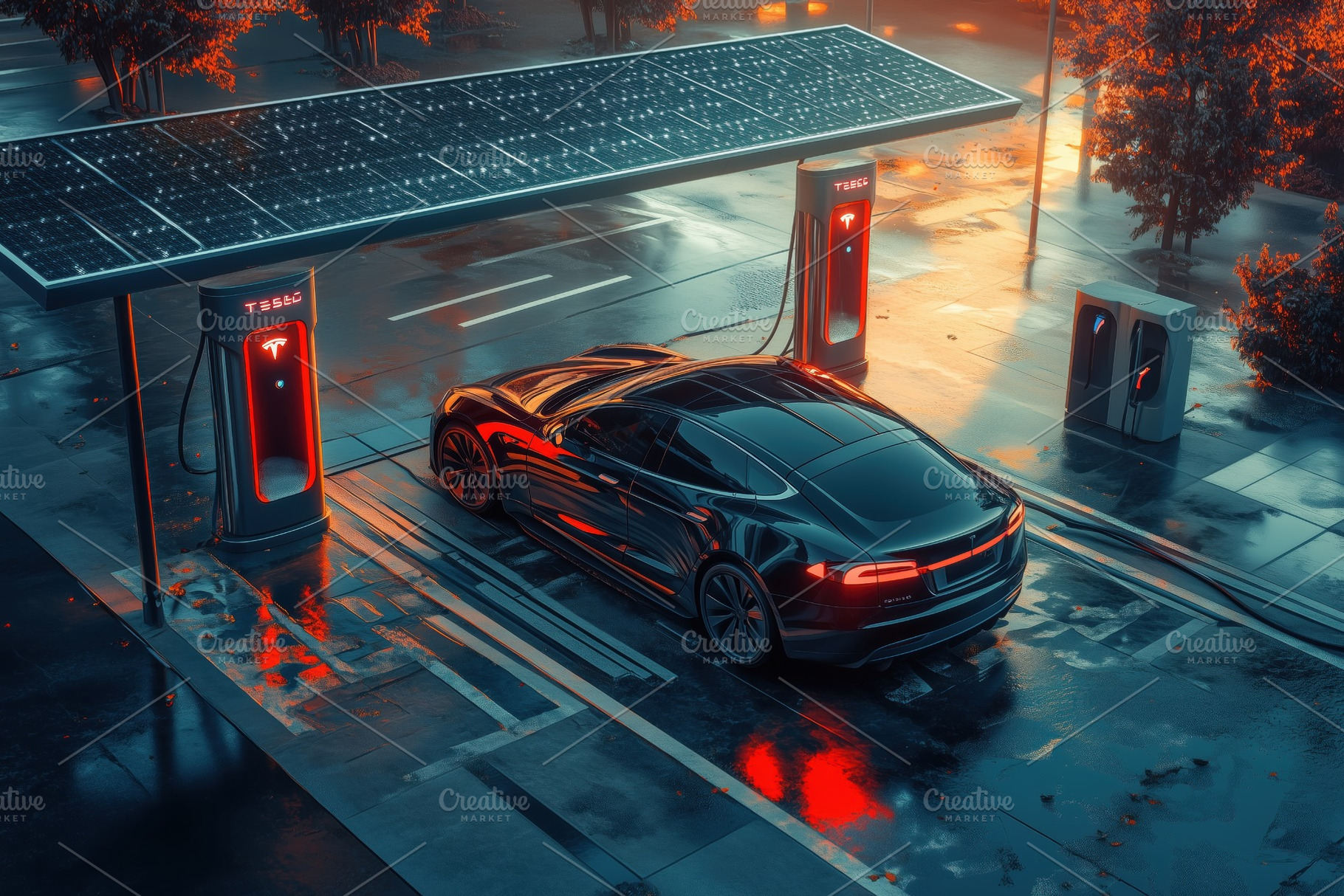 A sleek black electric car charging at a futuristic solar-powered charging stat, a Technology Photo by Textures & Backgrounds