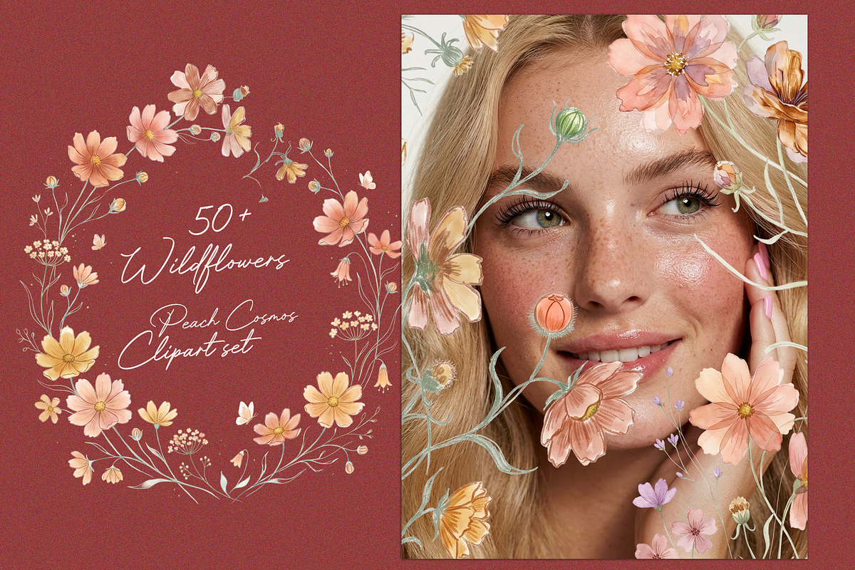 Peach Cosmos Wildflower Clipart Set, an Object Graphic by Digital Museum (Photo 2 of 8)