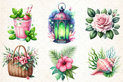 Pink and Green Summer Clipart, an Illustration by DreamCafeArt (Thumbnail 2 of 4)