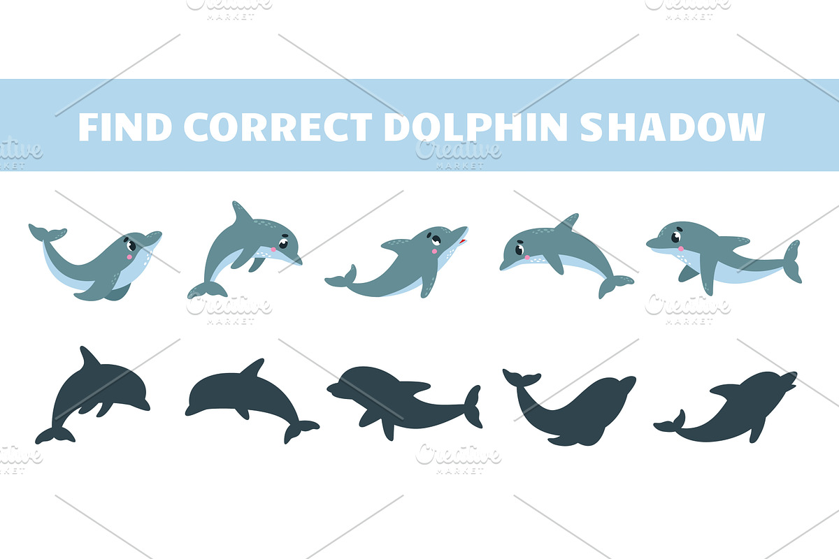 Find correct dolphin shadow game, an Education Illustration by LadadikArt