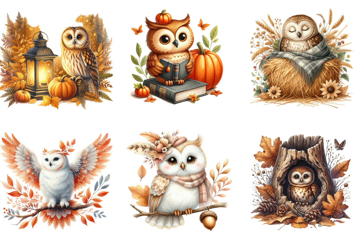 Watercolor Autumn Owl Clipart Bundle, a Seasonal Illustration by DreamArtGraphic (Photo 3 of 4)
