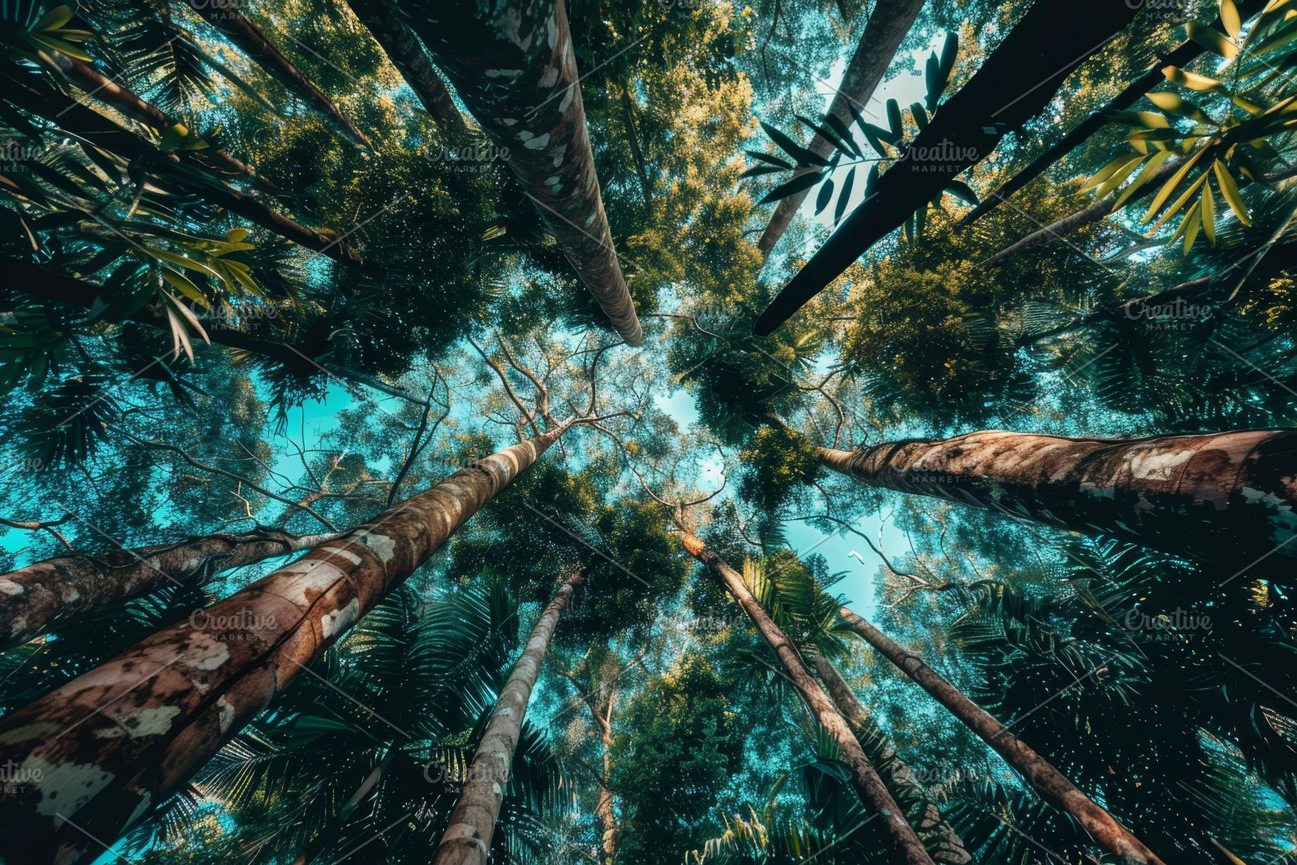 Looking upward in a vibrant tropical, a Photo by Tanuart