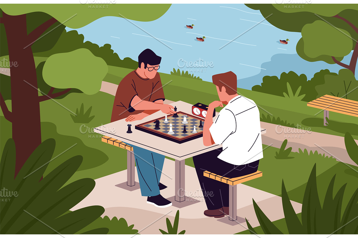 Guys in park playing chess. Outdoor, a Sport Illustration by YummyBuum