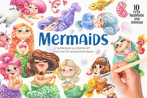 Cute Watercolor Mermaids set
