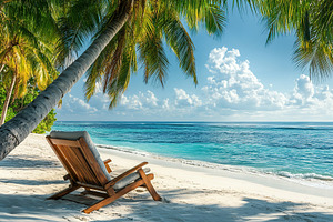 Relaxing wooden chair by the calm beach with a soft pillow in bright daylight, a Nature Photo by AlyaAnd