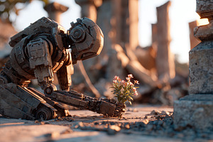Humanoid robot kneeling in a desolate landscape with flowers in its hands, a Photo by AlyaAnd