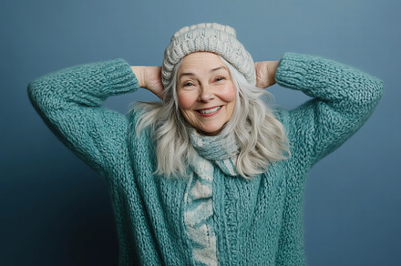 A cheerful older woman with long gray hair, wearing a cozy turquoise sweater an, a Person Photo by Textures & Backgrounds