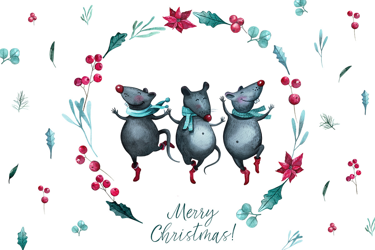 Christmas Mouse and flowers, an Illustration by YuliaBiser (Photo 1 of 11)
