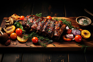BBQ marinated meat with vegetables on wooden table, a Food & Drink Photo by AlyaAnd