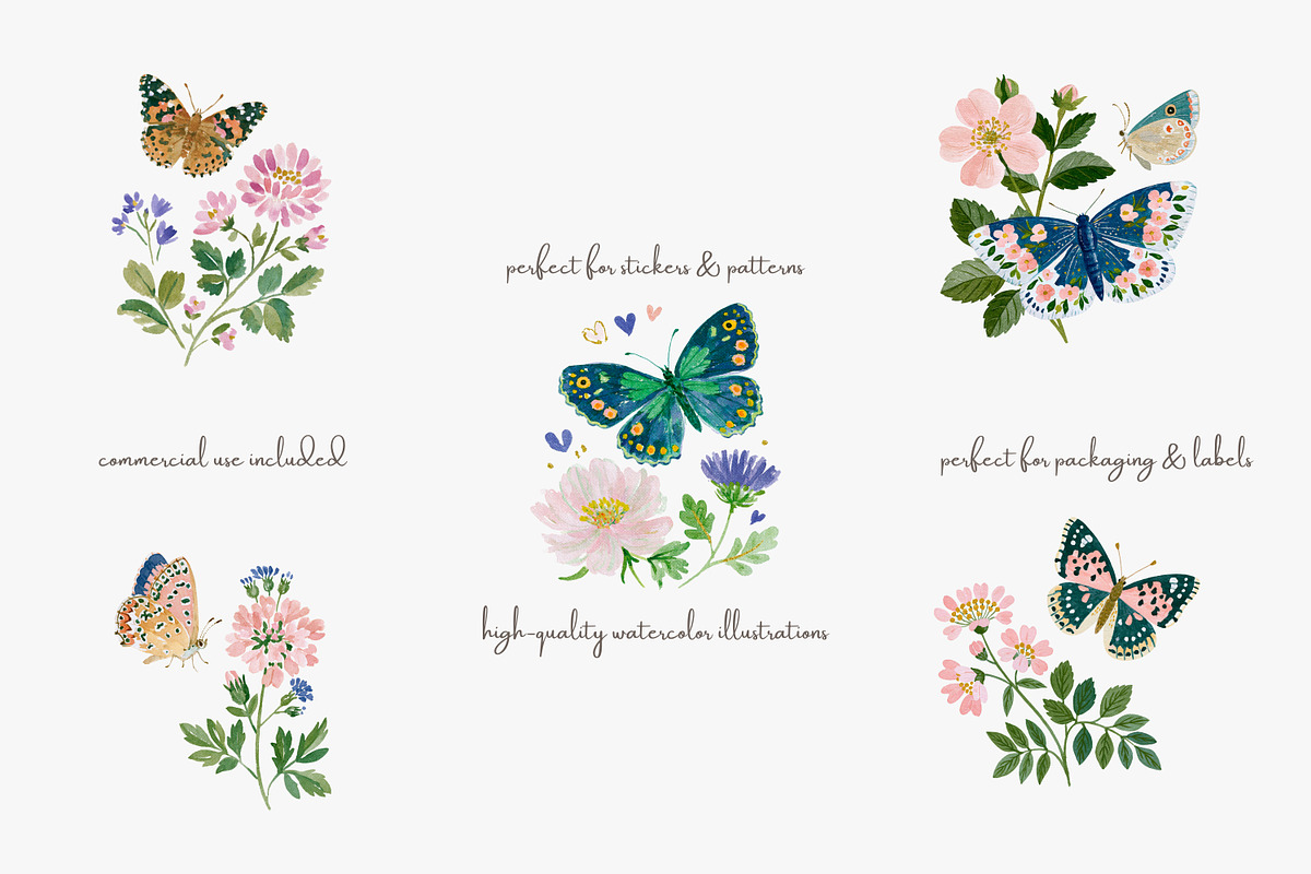 watercolor butterfly wildflower set, a Decorative Illustration by Patishop Art (Photo 2 of 6)