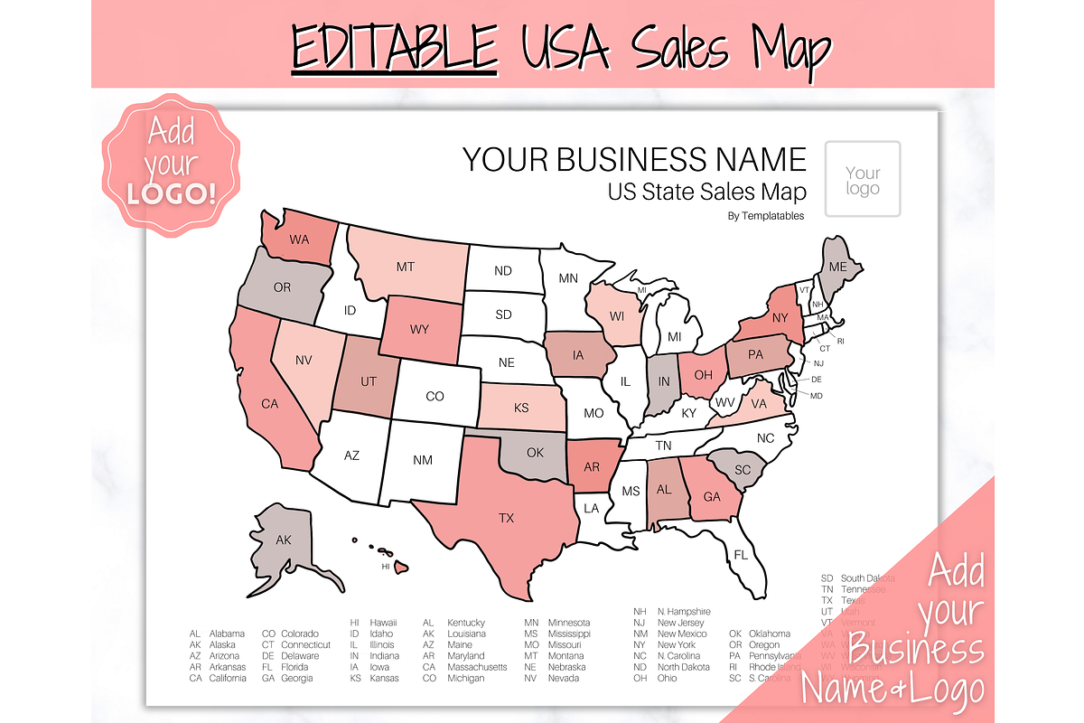 US Sales Map, EDITABLE Color Tracker, a Stationery Template by Templatables (Photo 1 of 10)
