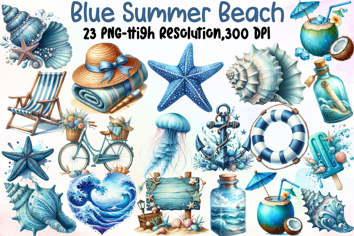 Watercolor Blue Summer Beach Clipart, an Illustration by Sublimation Artist (Photo 1 of 6)