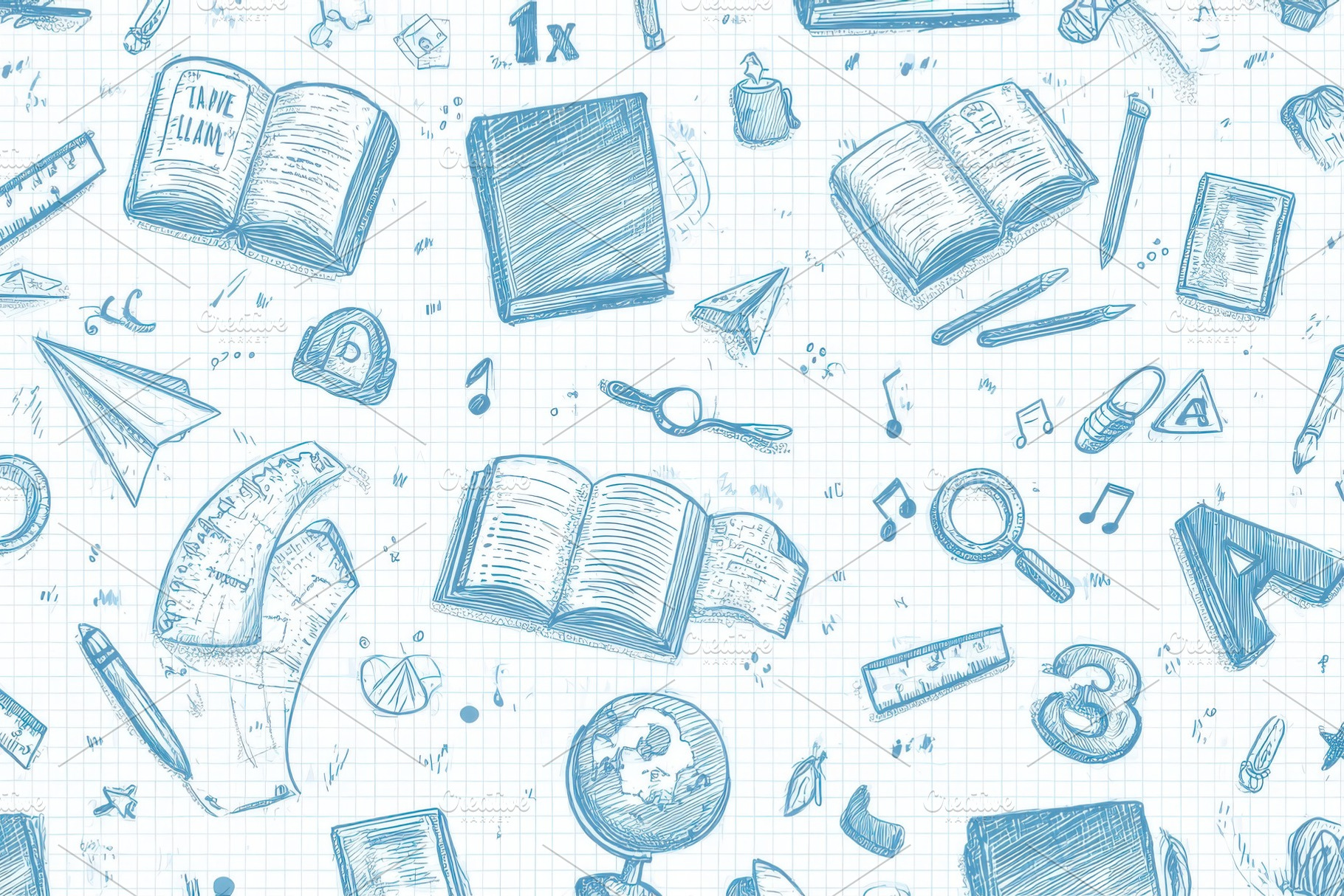 Blue Sketch School Supplies Backgrou, a Photo by Pixeness Studio