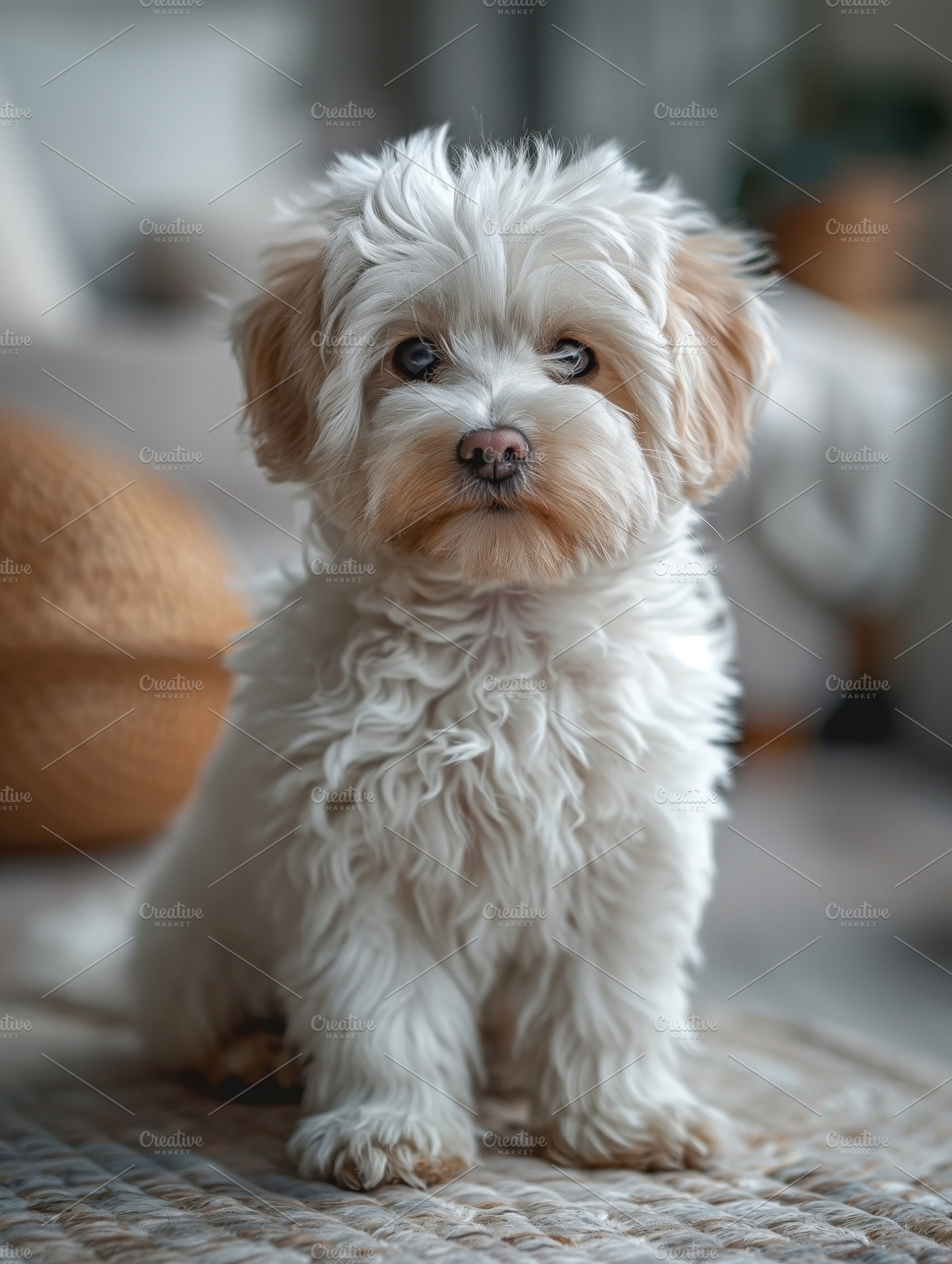 Adorable fluffy white dog with expressive eyes sitting on a rug, showcasing a p, an Animal Photo by ImageMir