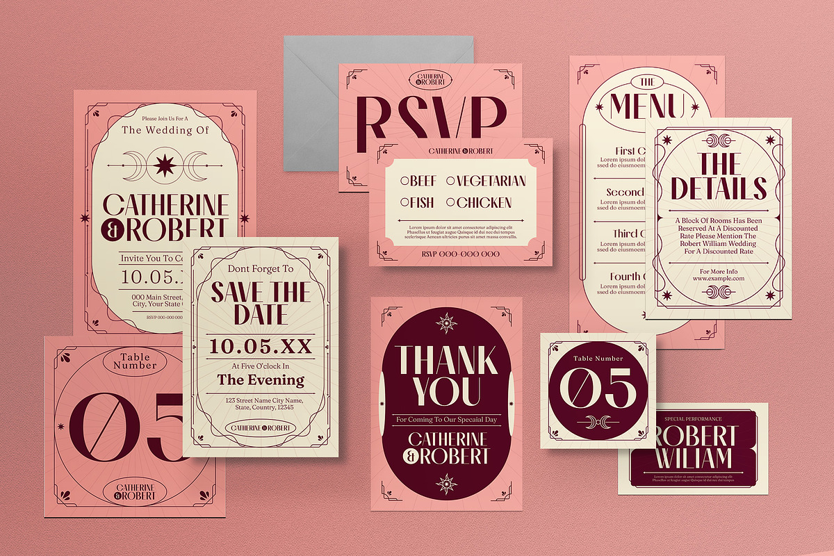 Pink Vintage Wedding Invitation Set, an Invitation Template by graphicook (Photo 1 of 3)