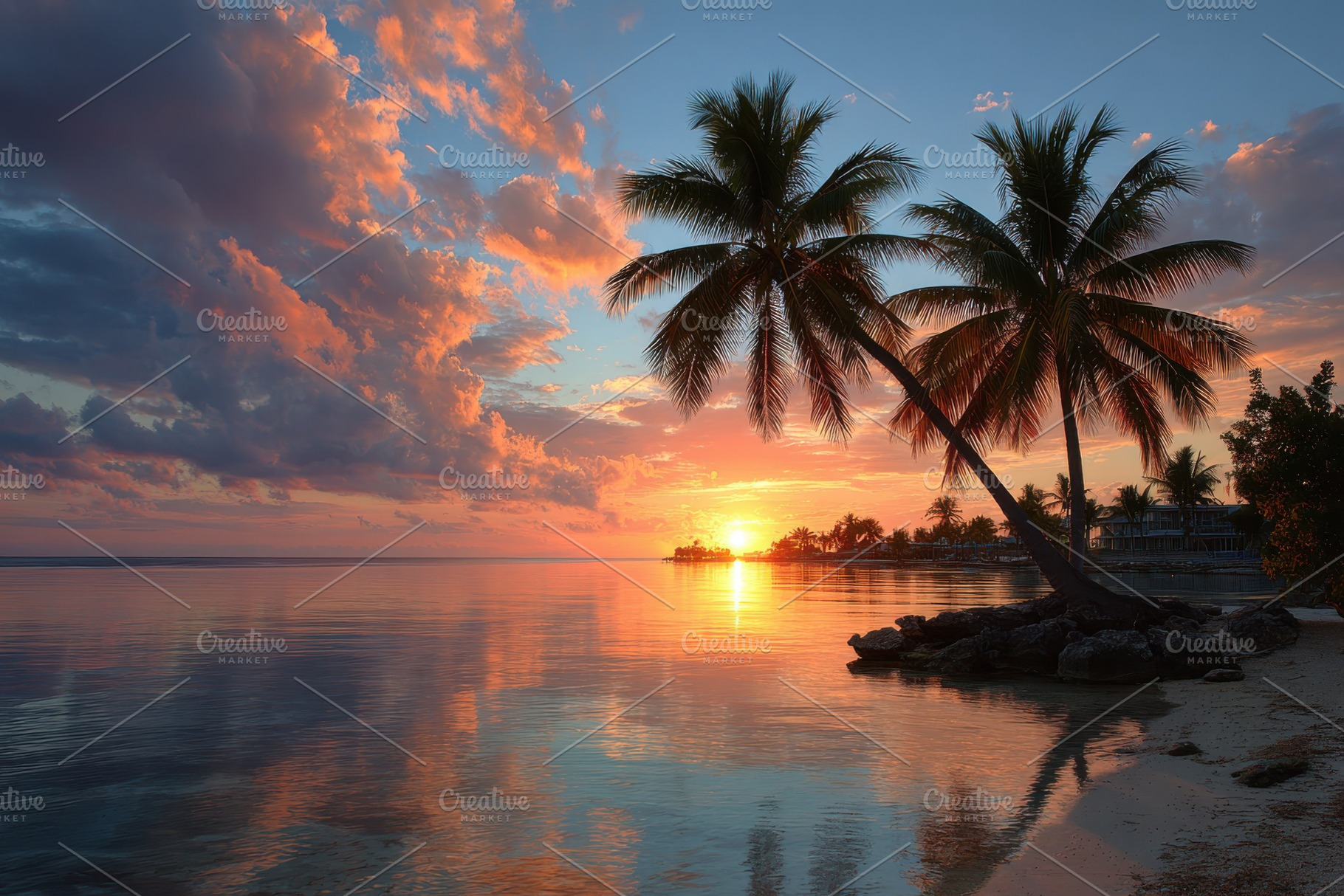 Tropical sunset palm trees ocean bea, a Photo by Pixeness Studio