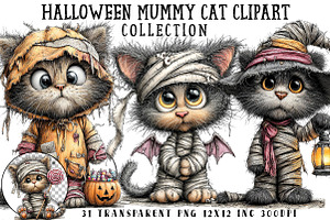 Halloween Mummy Cat Clipart, a Seasonal Illustration by OK Design