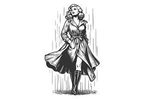 woman in trench coat walking in rain, a Person Illustration by AlexArt