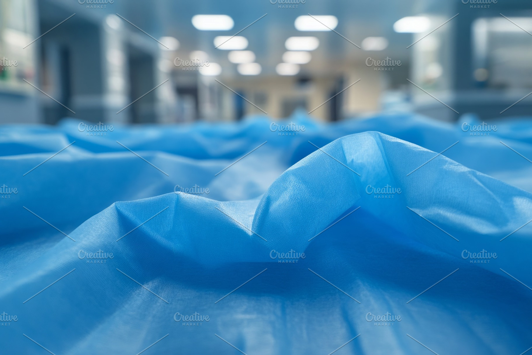 Close-up view of crumpled blue surgical drapes in a clinical setting., a Background Photo by ImageMir