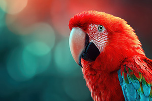 Vibrant red parrot in lush tropical setting, an Animal Photo by AlyaAnd