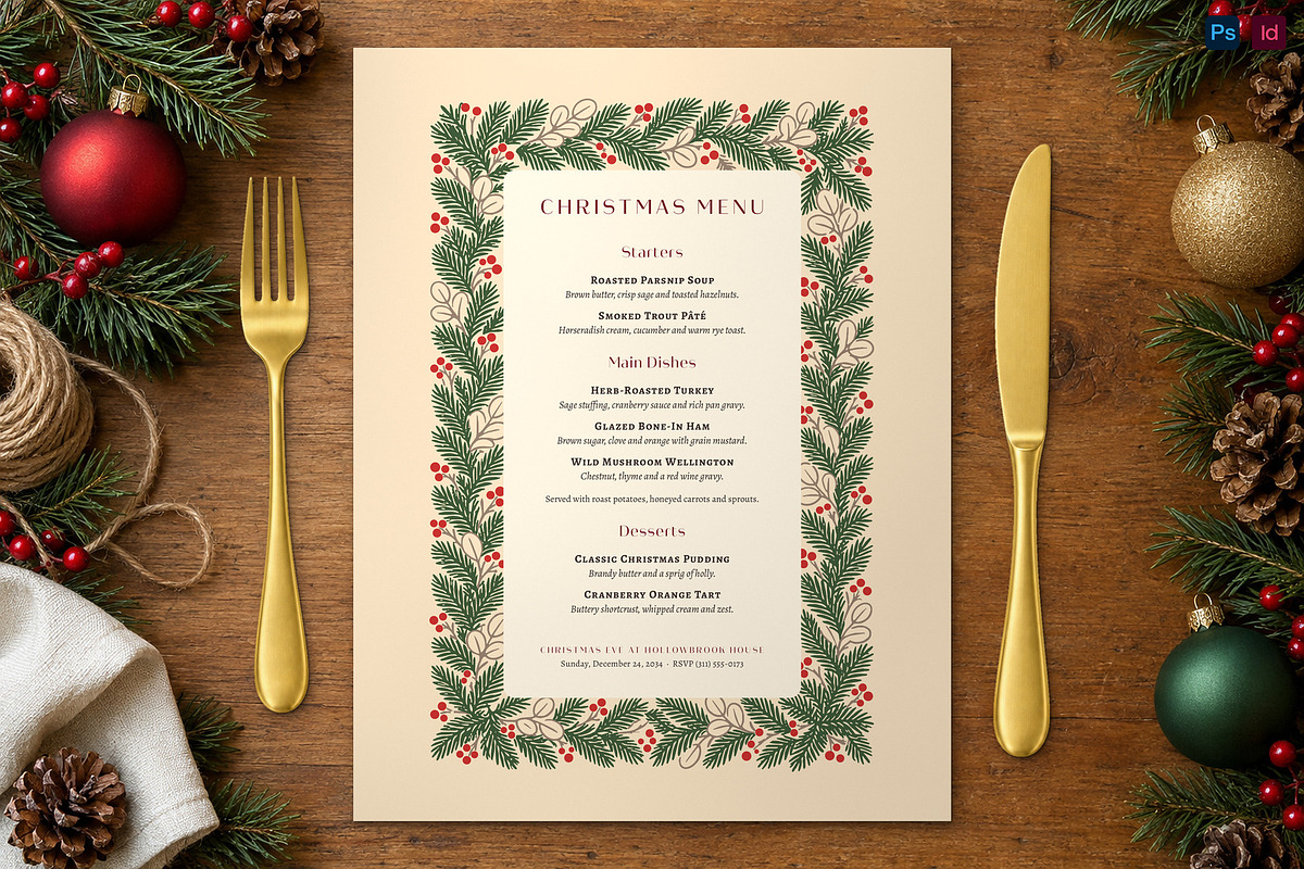Rustic Pine Christmas Menu Template, a Flyer Template by BrandPacks (Photo 1 of 6)