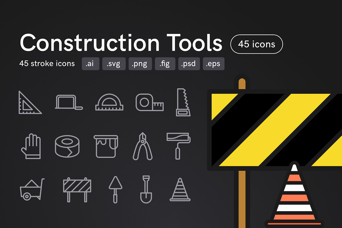 Construction Tools Icons, an Outline Icon by Middltone (Photo 1 of 4)