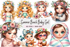 Summer Beach Baby Girl Clipart, a Seasonal Illustration by DreamArtGraphic