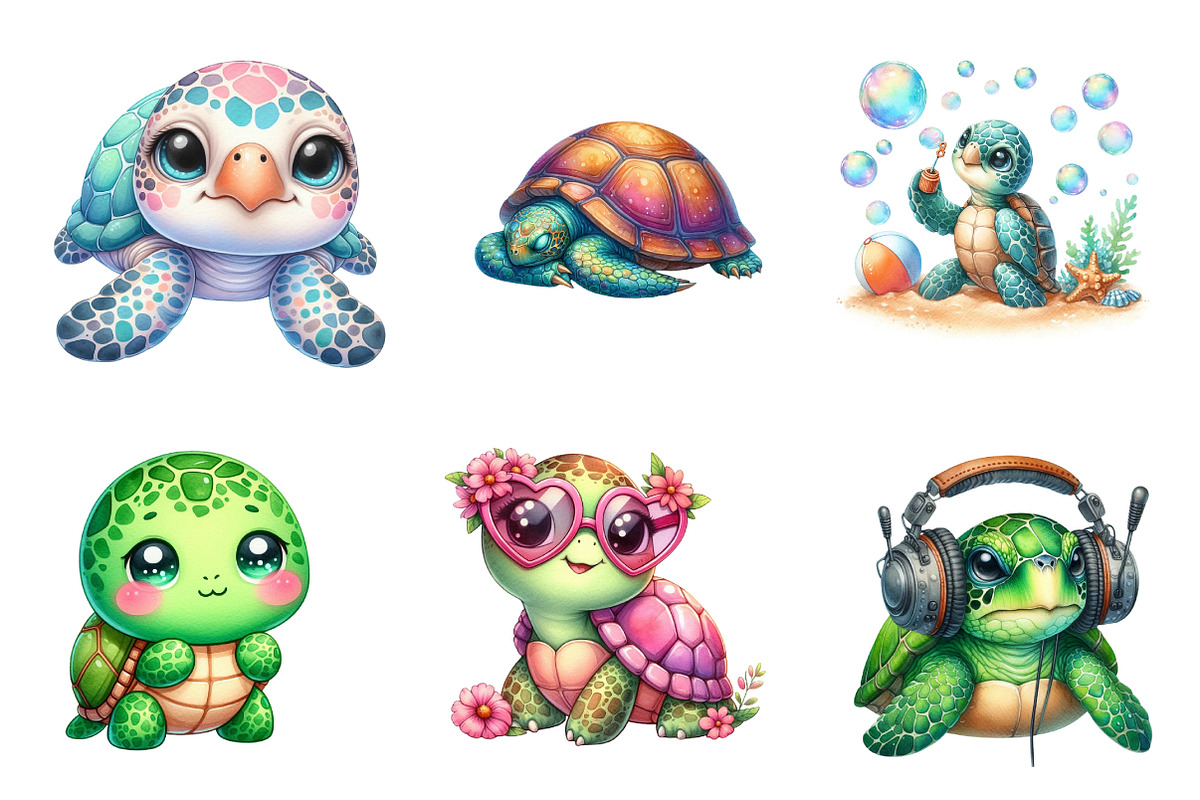 Kawaii Sea Turtle Clipart, an Illustration by CreationArt (Photo 6 of 6)