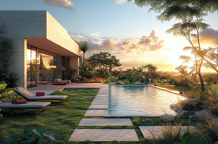 Modern house with infinity pool suns, an Abstract Photo by Pixeness
