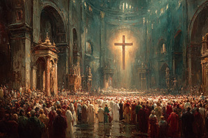 Vast cathedral interior filled with worshipers under a radiant c, an Illustration by José Manuel Gelpi