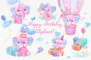 Birthday Elephants PNG Watercolor