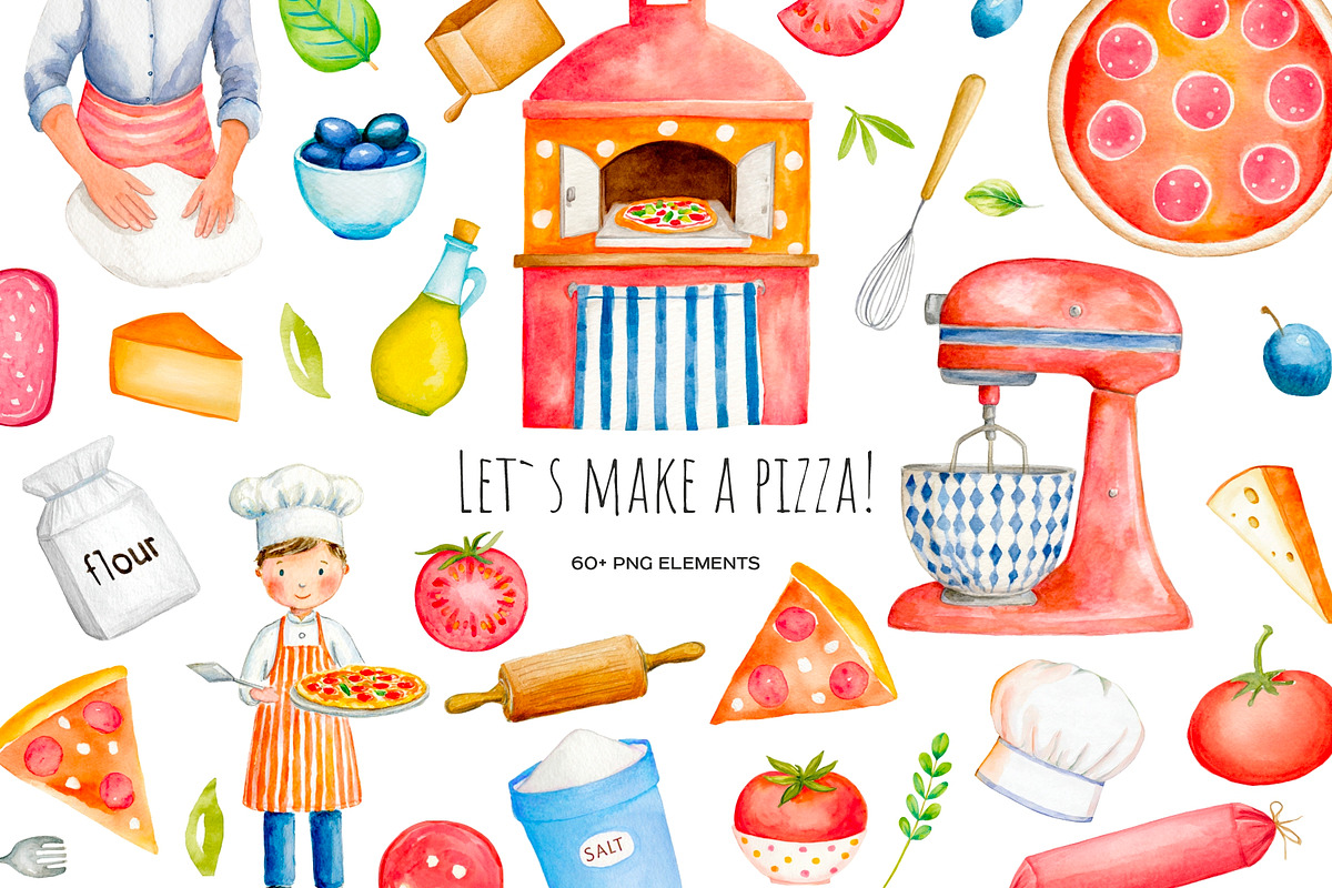 Watercolor Let`s make a pizza set, a Food Illustration by Art and Funny (Photo 1 of 6)